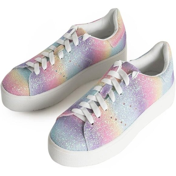 J. Adams Women Multi Casual Lace Up Fashion Tennis Rainbow Glitter Sneakers 6.5 - Picture 4 of 4